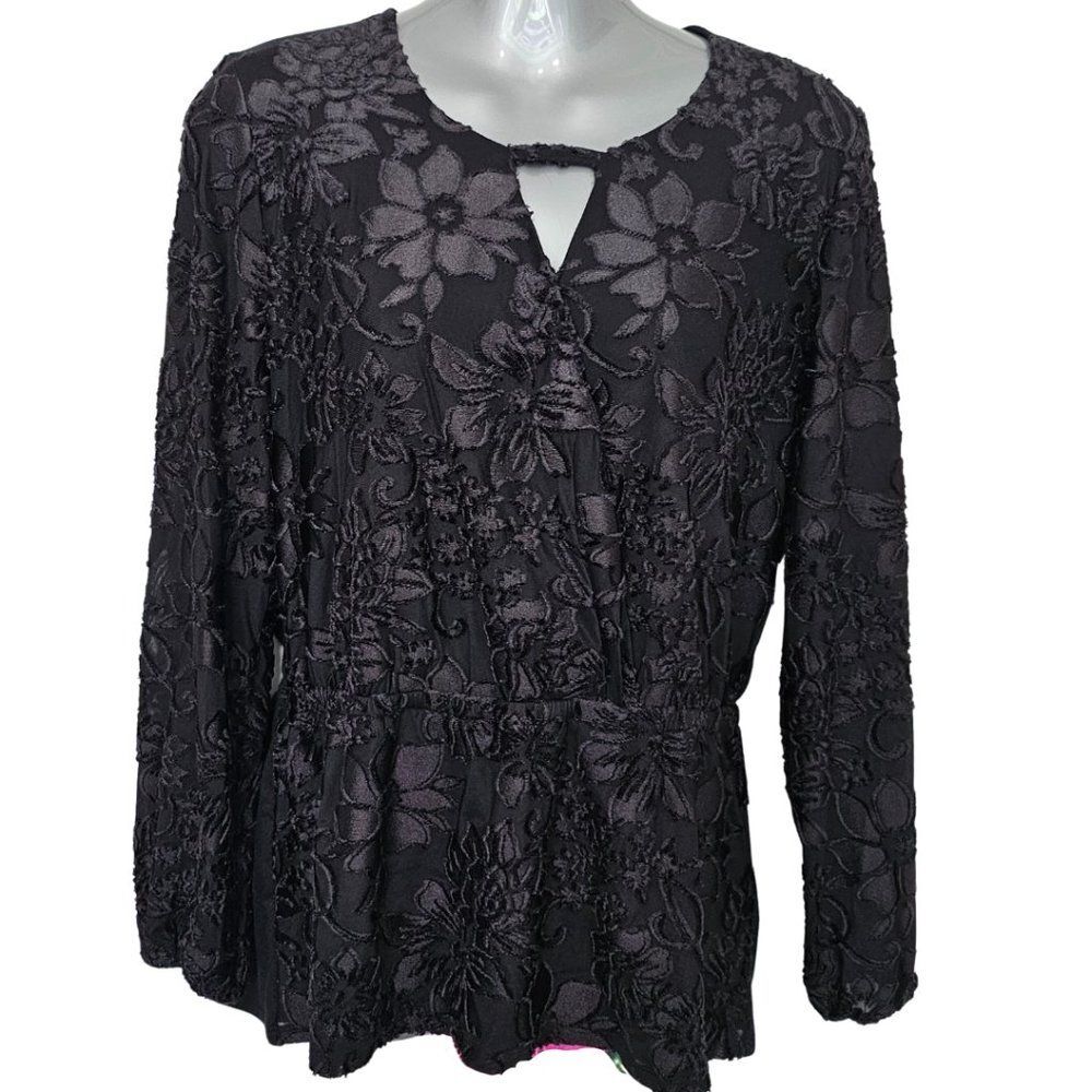 Whimsigoth romantic fairycore velvet burnout-like Floral Textured V-neck Top LS